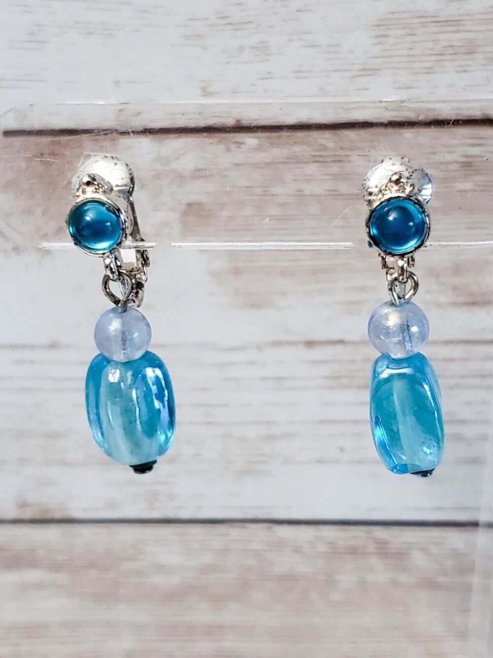 Vintage Clip On Earrings - Light Blue Dangle 1.25"